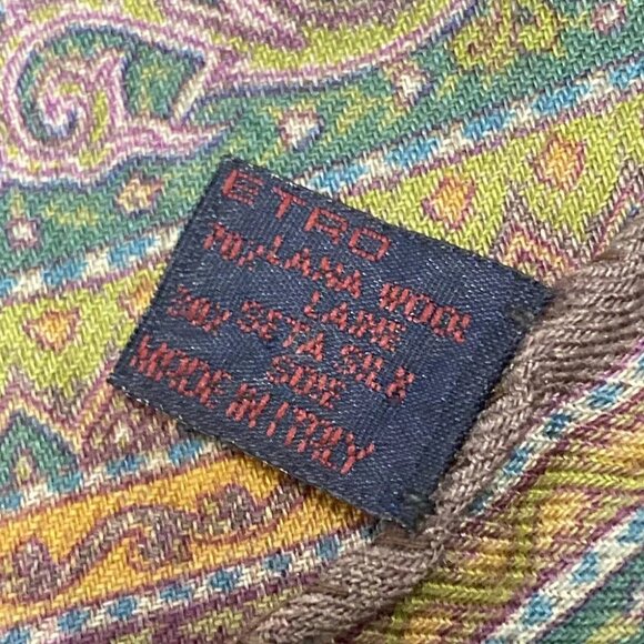 Auth ETRO - Khaki Dark Brown Multi Wool Silk Scarf - Picture 2 of 6